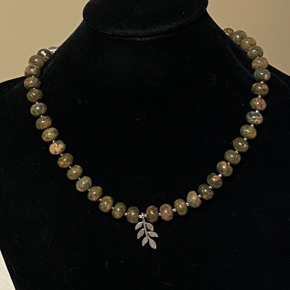 Cute Unakite Stone Silver Leaf Branch Necklace, Genuine Gemstone Beaded Necklace - Picture 2 of 9